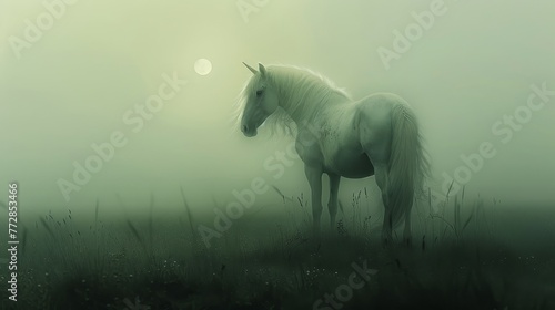 A white horse stands in a field of tall grass. The sky is cloudy and the sun is setting. The horse appears to be looking to the left