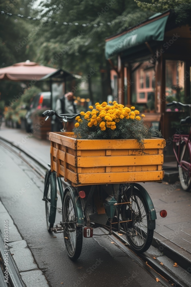 Vintage yellow cart filled with vibrant flowers on a cobblestone path in an urban park setting.