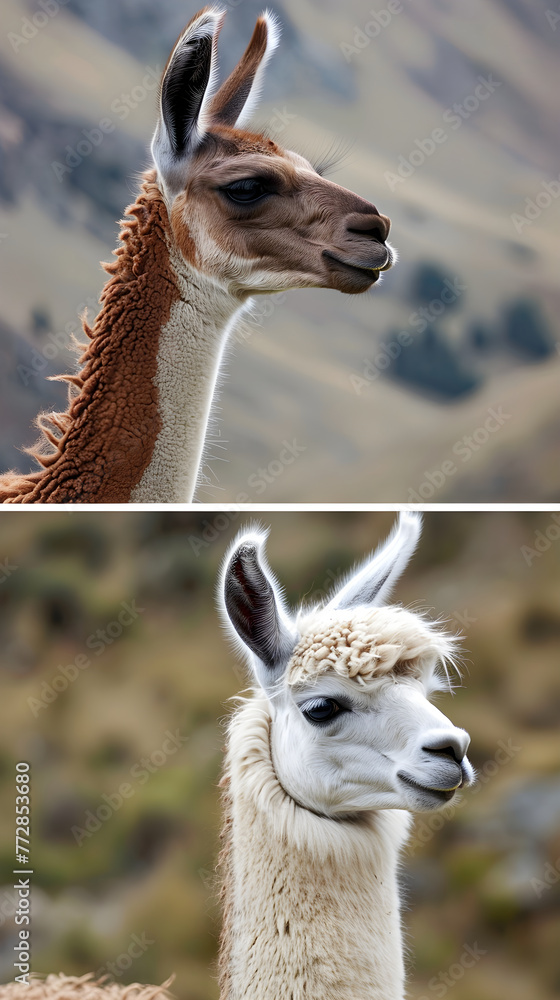 Detailed Comparison: Llama Versus Alpaca in their Natural Habitats - obrazy, fototapety, plakaty 