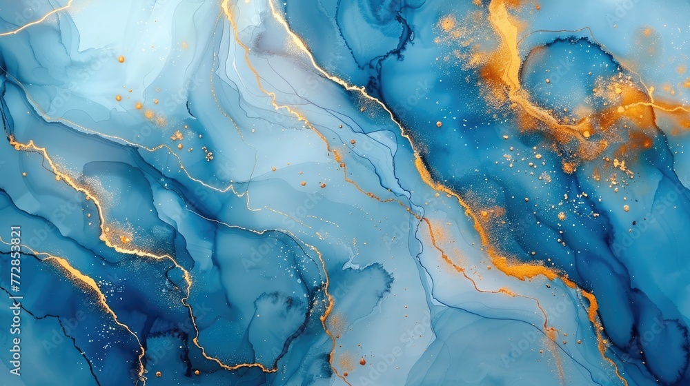 Abstract blue marble with gold lines watercolor texture Abstract blue marble with gold lines watercolor texture
