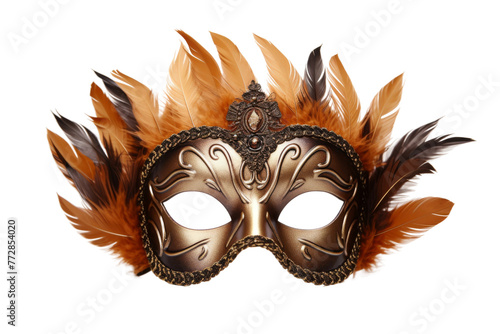 Masquerade Mask With Feathers on White Background. On a White or Clear Surface PNG Transparent Background..