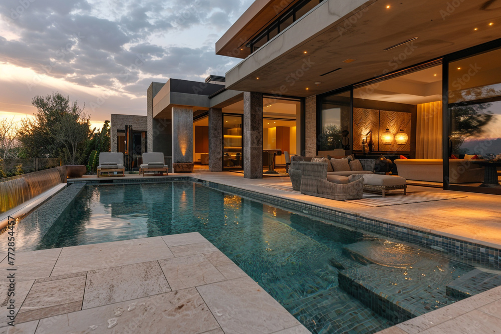 A luxurious outdoor patio area with a custom-designed swimming pool, surrounded by a modern house with an impressive interplay of light, materials, and form. 32k, full ultra hd, high resolution