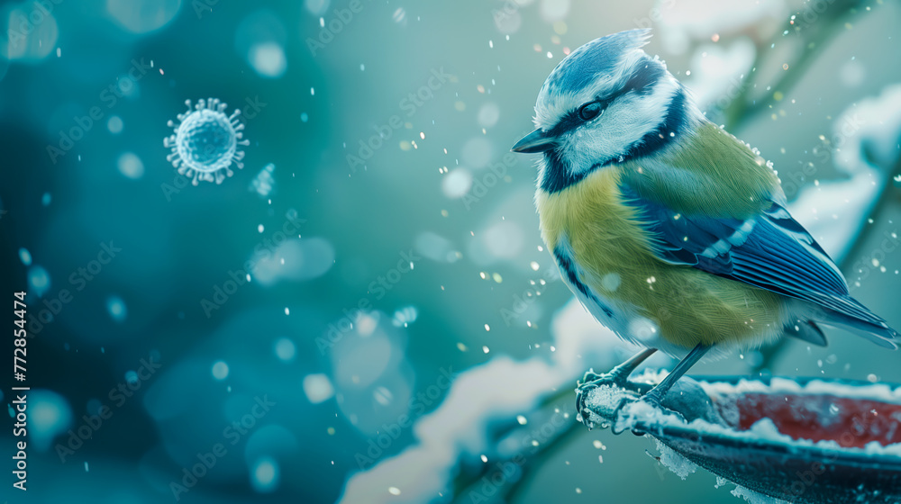 Conceptual image of bird flu and parrot fever pathogens on a wintry background with a blue tit. - obrazy, fototapety, plakaty 