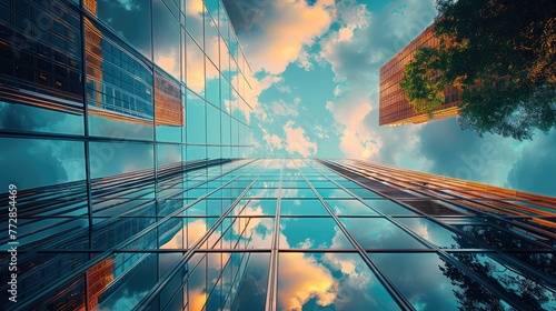 Facade with reflections in an urban landscape, skyscrapers. low angle view. Generative AI.