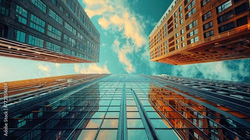Facade with reflections in an urban landscape, skyscrapers. low angle view. Generative AI.