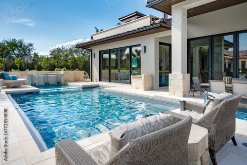 A luxurious pool area set against the backdrop of a contemporary house, the patio's modern furniture and the pool's inviting © baseer