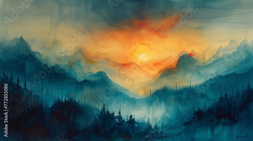 Misty mountain landscape at sunset