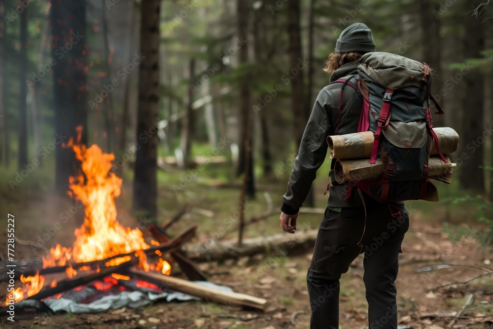 male backpacker, campfire out of control in woods male backpacker, campfire out of control in woods