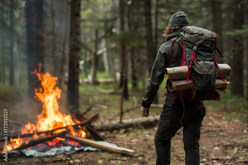 male backpacker, campfire out of control in woods