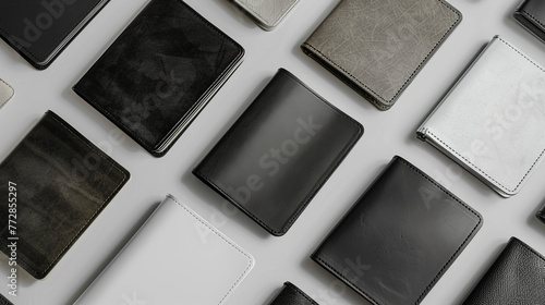 Multiple wallets in different shades and finishes presented tidily on a uniform gray backdrop photo