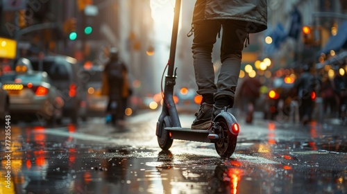 Commuter on electric scooter riding wet city street at night
 photo