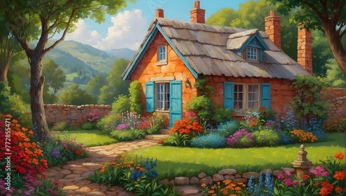 A quaint cottage nestled in a lush garden, painted with vibrant hues of the rainbow Generative AI