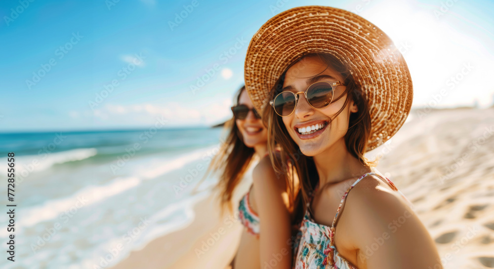 Joyful Friends with Stylish Sunglasses on a Sunny Beach Day Joyful Friends with Stylish Sunglasses on a Sunny Beach Day