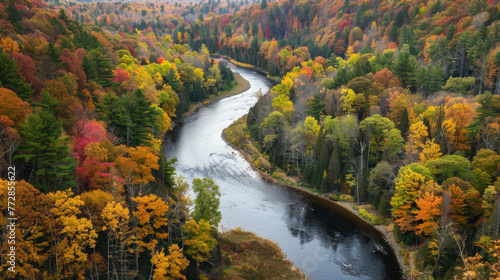 A peaceful river winding through a vibrant valley surrounded by lush forests and colorful autumn foliage. . .