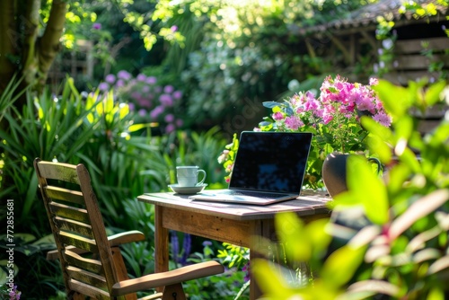 A tranquil outdoor work desk nestled in a lush garden, surrounded by blooming flowers, chirping birds, and fresh air, providing a serene and refreshing work environment, Generative AI