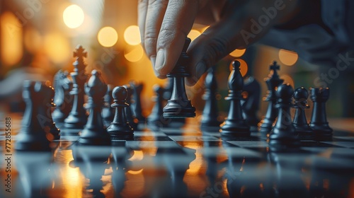 Hand Moving Pawn on a Chess Board in a Strategic Game at Sunset