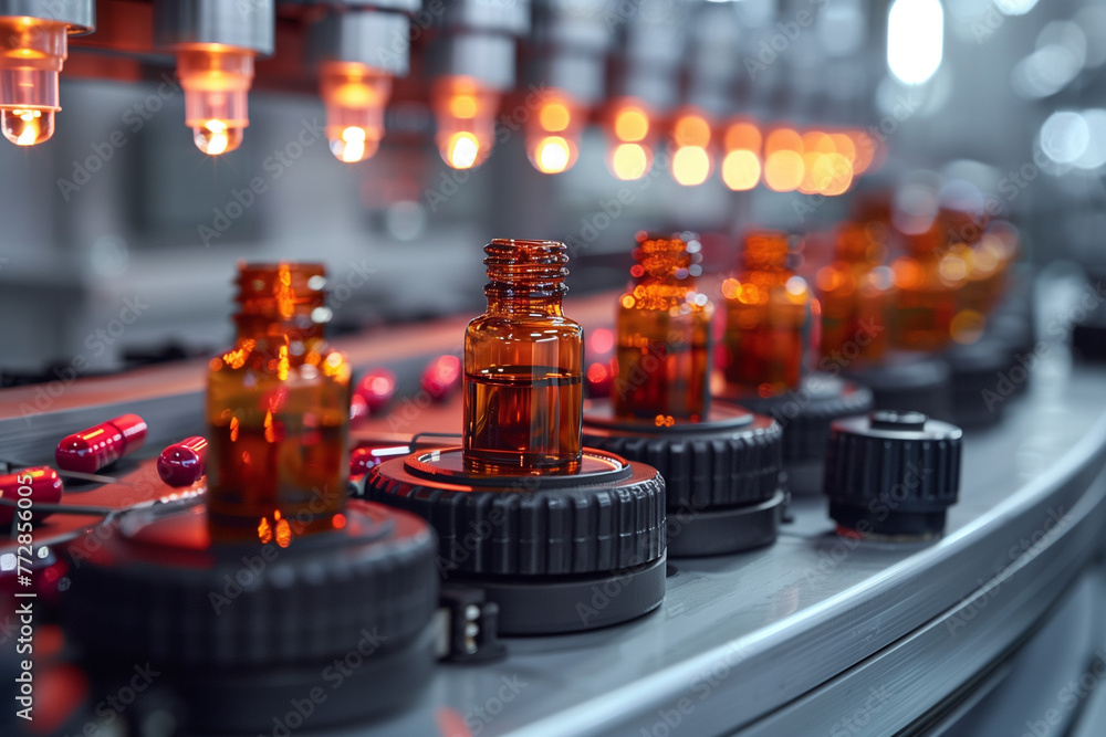 Automated machinery filling sterile vials with liquid medication under carefully controlled conditions, demonstrating the sophistication of modern pharmaceutical manufacturing processes Automated machinery filling sterile vials with liquid medication under carefully controlled conditions, demonstrating the sophistication of modern pharmaceutical manufacturing processes