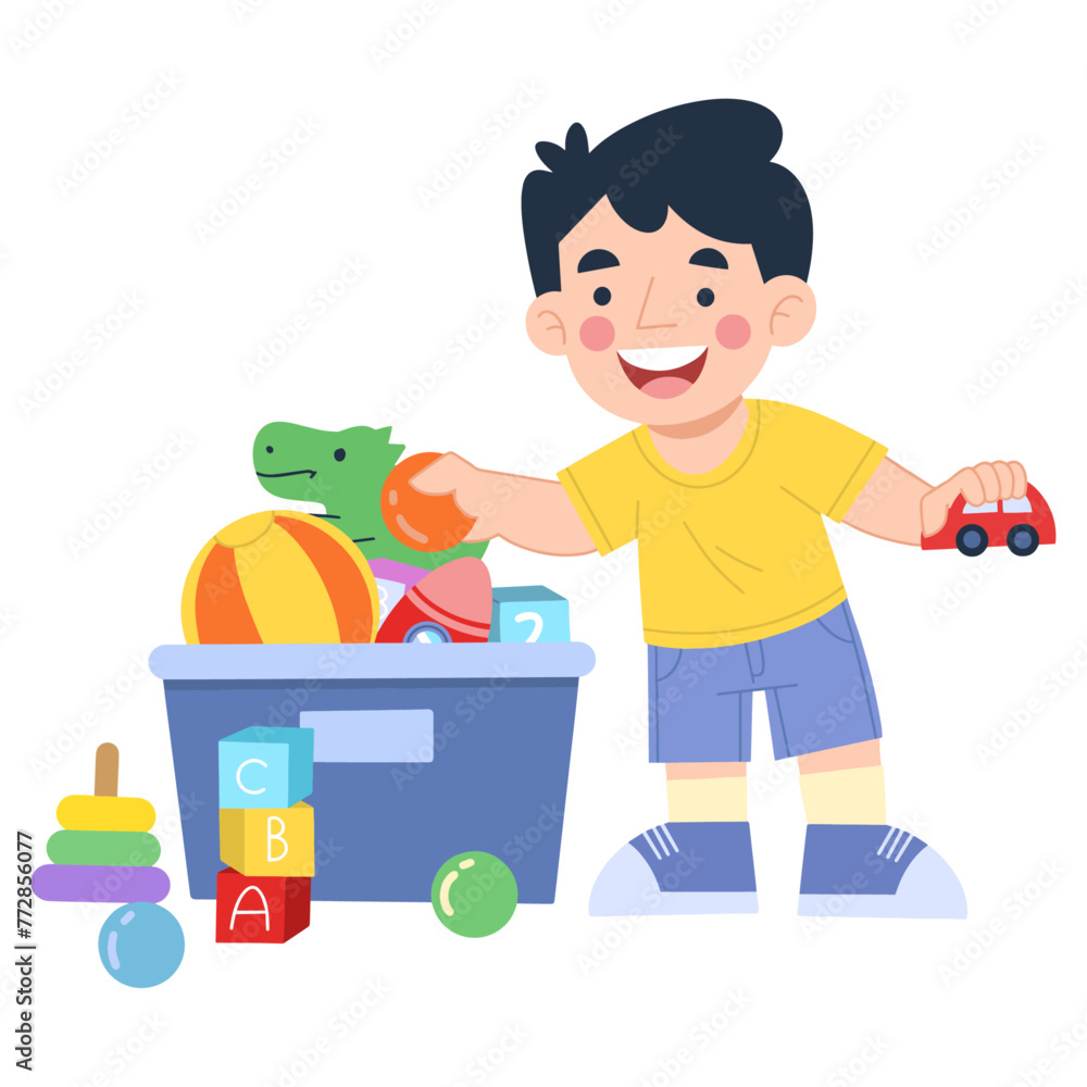 Vector illustration of boy cleaning up toys Vector illustration of boy cleaning up toys