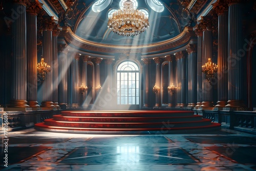 Elegant Velvet Podium Showcasing Premium Jewelry in a Royal Palace Ballroom photo