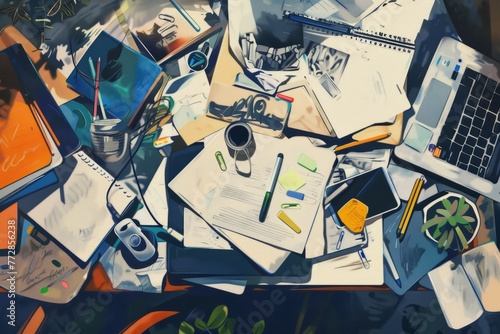 An artistic rendering of a cluttered work desk with scattered papers  pens  and gadgets  showcasing the chaotic yet creative nature of the workspace  Generative AI