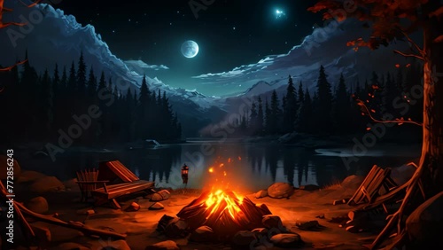 Bonfire on the shore of the lake at night with stars, AI Generated photo
