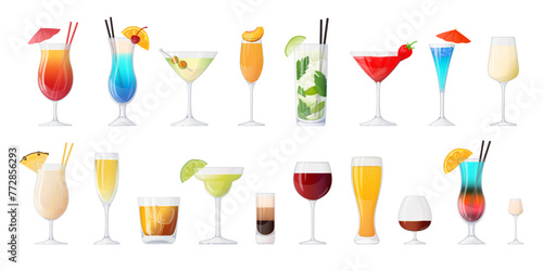 Various cocktails and spirits in cartoon glasses set