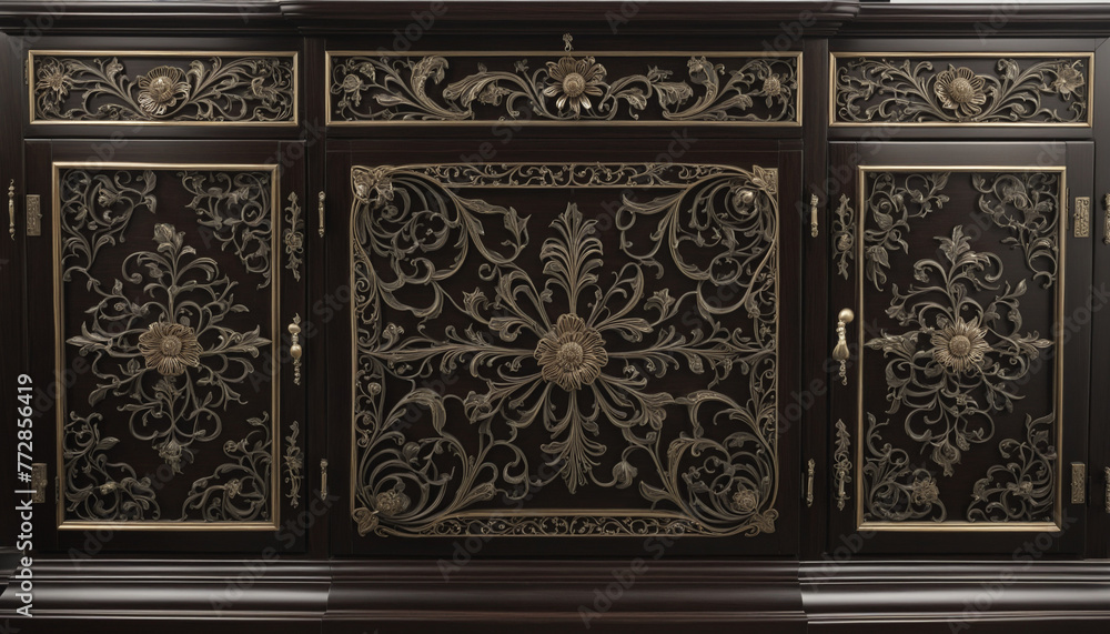 Ebony Elegance: Intricate Detailing Embellishes Timeless Sideboard, Isolated in Pristine White colorful background