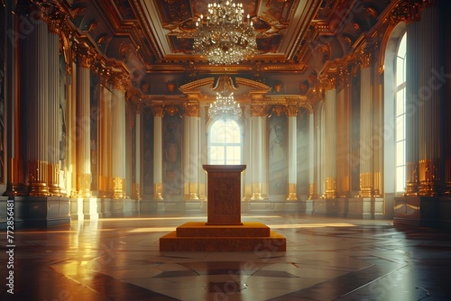 Elegant Velvet Podium Showcasing Premium Jewelry in a Royal Palace Ballroom for Documentary Editorial Magazine Photography