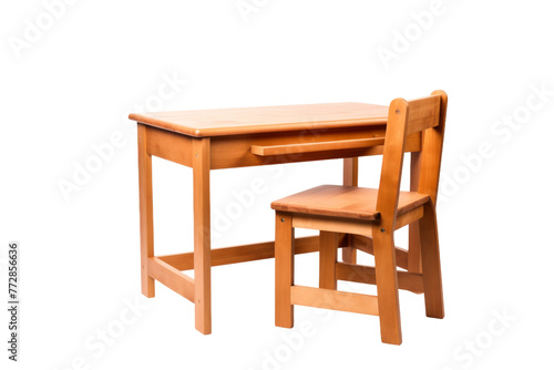 Wooden Desk and Chair Set Against White Background. On a White or Clear Surface PNG Transparent Background..