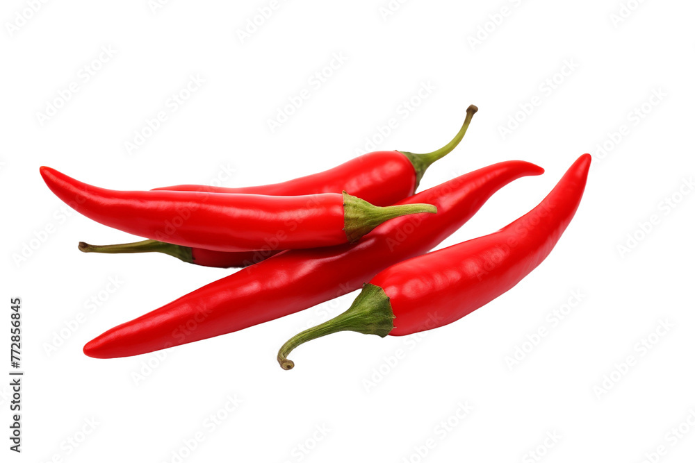 Three Red Hot Peppers on White Background. On a White or Clear Surface PNG Transparent Background..