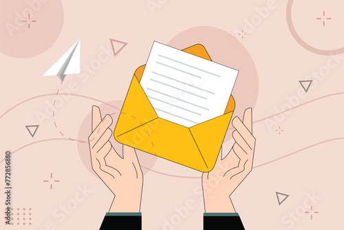 Business concept Vector illustration preparation messaging or postal notification,
e-mail marketing, newsletter, email, message. Hand holding envelope design