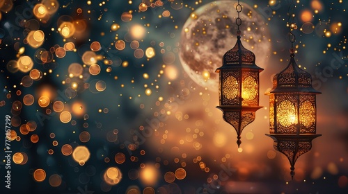 Ornamental Arabic concept, moonlight and glittering golden bokeh lights. Festive greeting card. Generative AI.