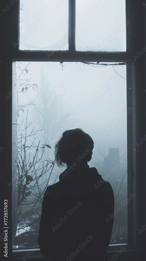 Fototapeta premium Silhouette of a person looking out a foggy window
