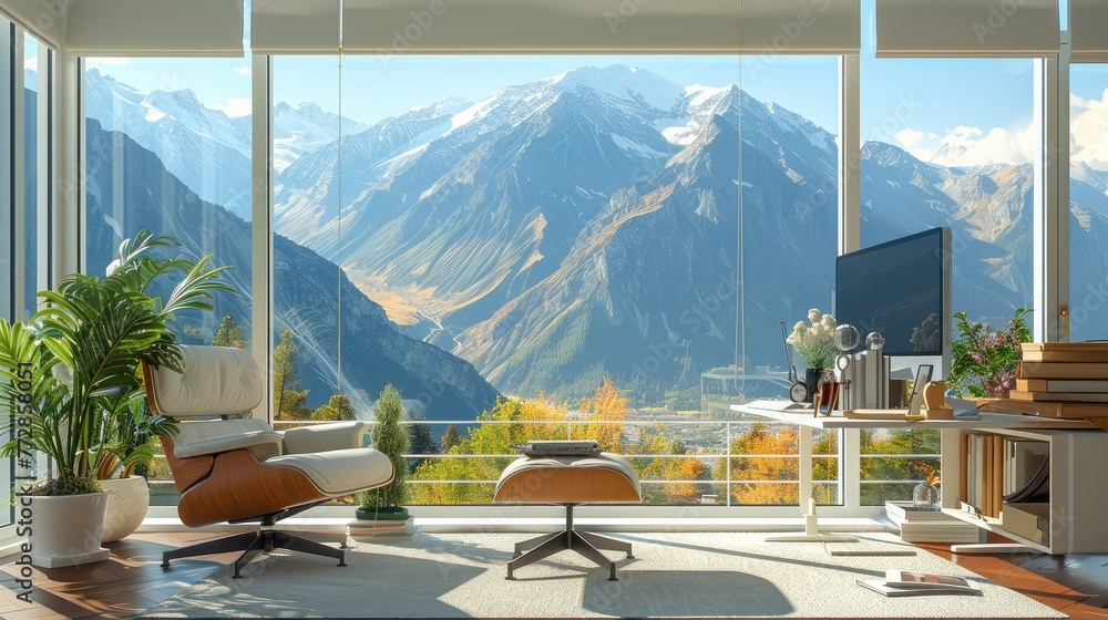 Obraz premium Office room with warm spring colors and cream colored furniture looking out a large window of spring time mountains from a distance. Generative AI.
