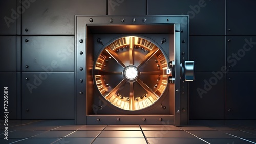 Open bank vault with a bright light 3D illustration