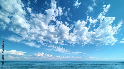 Clear blue sky with fluffy clouds over serene sea