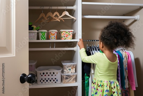 child organizing a closet with new hangers and bins