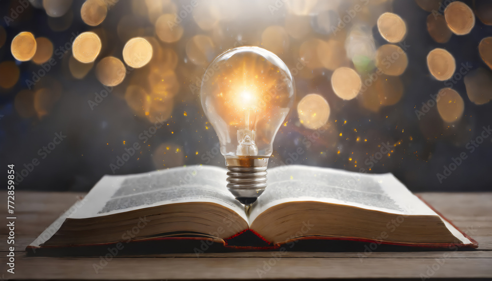 Glowing lightbulb over a book, Inspiring from read concept, Education ...