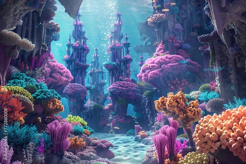 Underwater palace made entirely of colorful coral formations. Digital concept illustration.