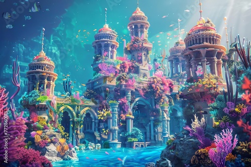 Underwater palace made entirely of colorful coral formations. Digital concept illustration.