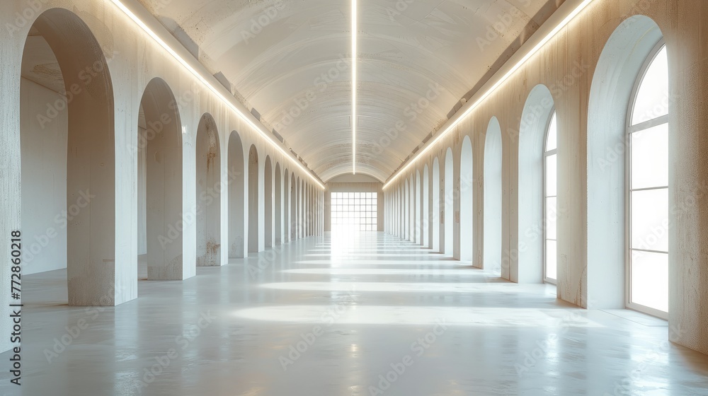 A long empty hallway with concrete floors and ceilings, large windows, natural light. Generative AI.