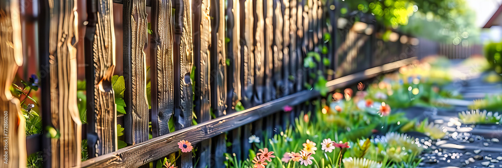 Charming fence in a garden setting, incorporating greenery and floral elements for a picturesque and inviting outdoor area Charming fence in a garden setting, incorporating greenery and floral elements for a picturesque and inviting outdoor area