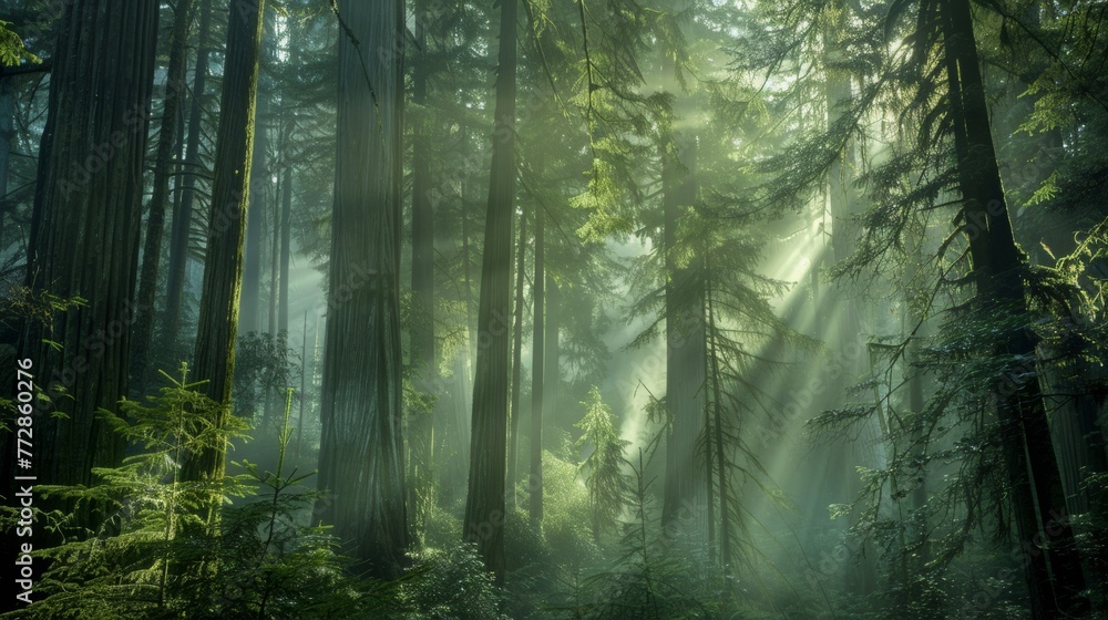 Sunbeams streaming through a misty forest