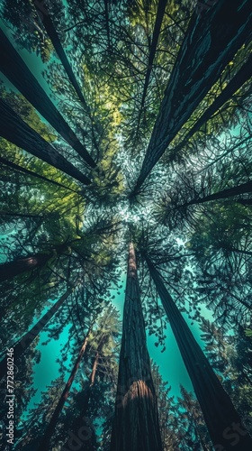 Looking up at towering forest trees against sky photo