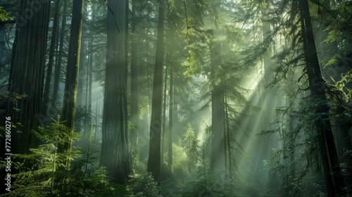 Sunbeams streaming through a misty forest