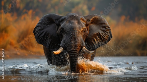 African elephant charging through water
