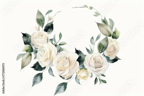 Watercolor illustration of light cream roses and leaves wreath  round floral frame on isolated white background  wedding invitation design