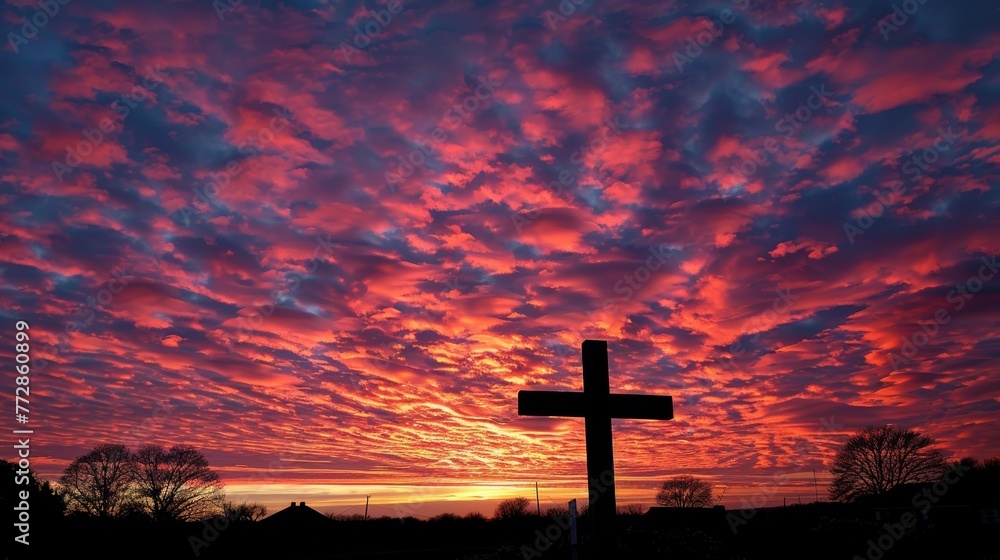 Silhouette of a cross against a vibrant sunset sky
