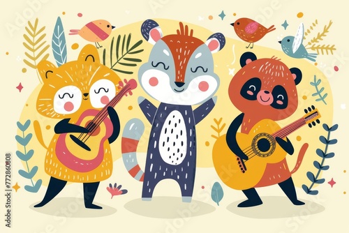 Whimsical Vector Illustration of Cute Cartoon Animals Playing Music, Flat Design, Bright Colors, Children's Book Style