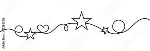 One continuous line drawing of Christmas frame and border with stars. Festive break line with flourish pattern in simple linear style. Doodle outline vector file.  vector illustration.